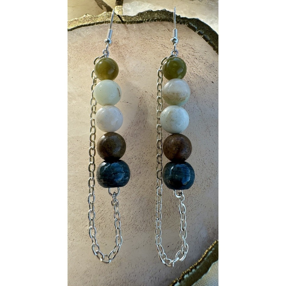 Handmade Dangle Beaded Earrings 3.5" Green Tan Natural Stone Stainless Holiday